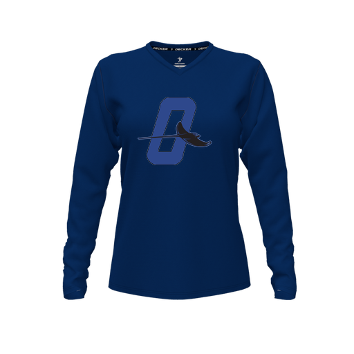 [CUS-DFW-TEES-CMF-VNK-LSL-NVY-FYXS-LOGO3] Decker Comfort T-Shirt (Female Youth XS, Navy, V Neck, Logo 3, Long Sleeve)