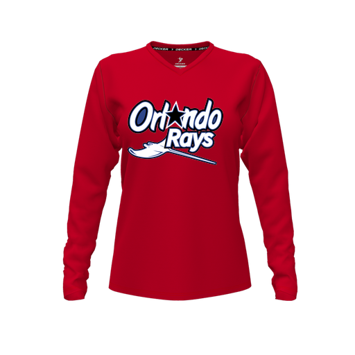 [CUS-DFW-TEES-CMF-VNK-LSL-RED-FYXS-LOGO1] Decker Comfort T-Shirt (Female Youth XS, Red, V Neck, Logo 1, Long Sleeve)