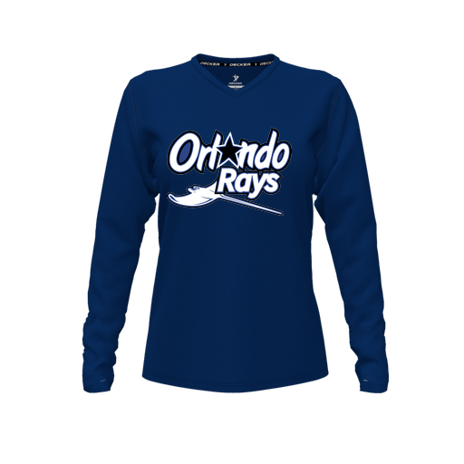 [CUS-DFW-TEES-PER-VNK-LSL-NVY-FYXS-LOGO1] Decker Performance T-Shirt (Female Youth XS, Navy, V Neck, Logo 1, Long Sleeve)